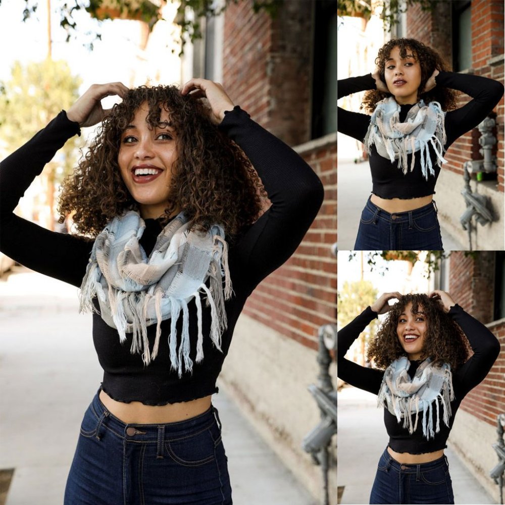 Loose Gingham Tassel Drop Infinity Scarf